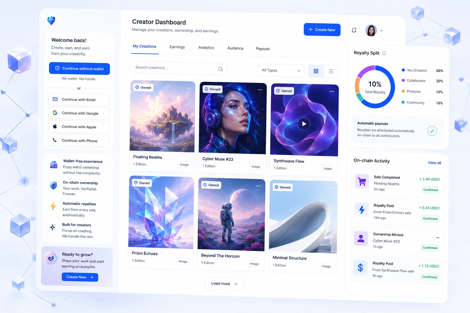On-chain creator dashboard — content ownership, royalty split and on-chain activity