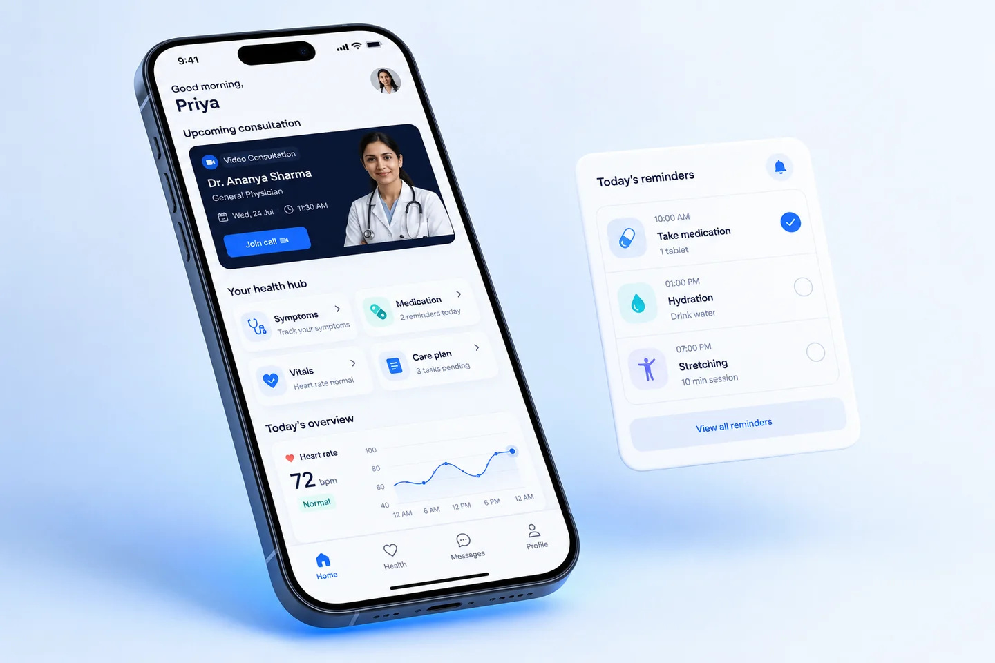 Telehealth companion app — mobile UI with video consultation, health hub and vitals
